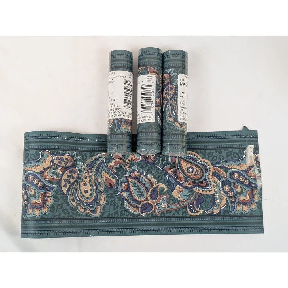 VTG 90s Green Paisley Wallpaper Border 4 Rolls Floral Vinyl Prepasted Scrubbable